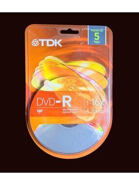 TDK DVD-R 5-Pack 4.7GB 16X Recordable Discs For Reliable Data Storage